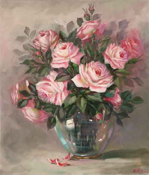 1715 Pink Roses Glass Vase